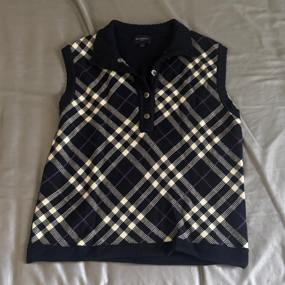 Burberry Navy Plaid Sleeveless Knit Polo
